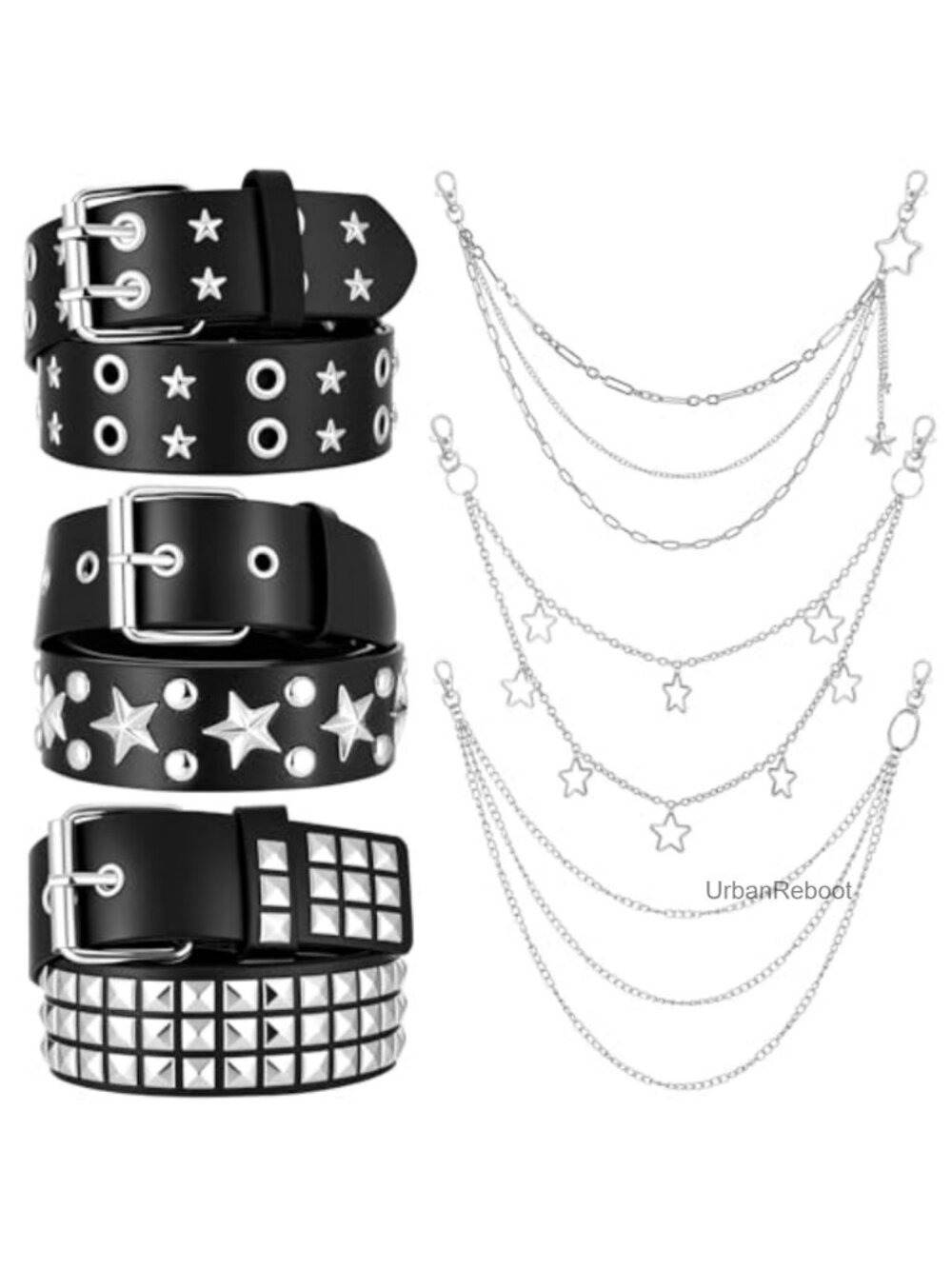 Studded Star Chain Belt Set Punk Goth Y2K PU Leather Adjustable Accessories